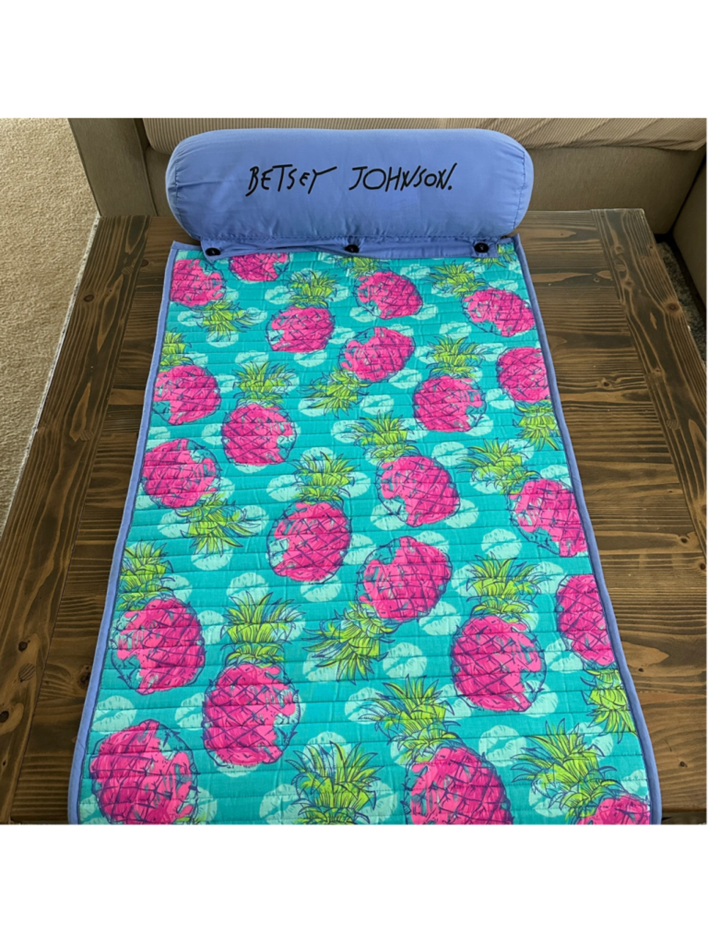 Betsey Johnson Roll Up Nap Mat Travel Blanket Pillow Teal Pink Pineapple 66x24